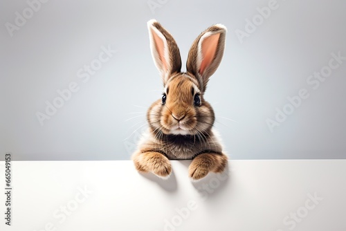Fluffy rabbit looks at the sign. Easter Bunny. Rabbit for advertising. © Любовь Переславцева