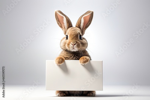 Fluffy rabbit looks at the sign. Easter Bunny. Rabbit for advertising. © Любовь Переславцева
