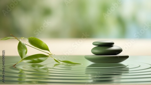 Tranquil Zen Stones with Water Reflection" Description: "Peaceful arrangement of zen stones and bamboo leaves on calm water, reflecting serenity."
