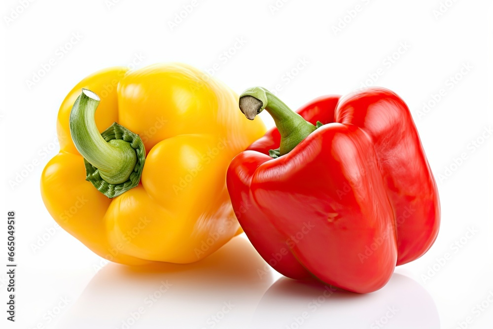 Two bell peppers, a red and a yellow isolated on white background.