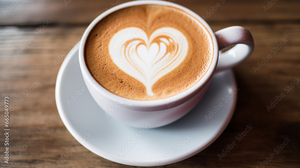 A close-up of a frothy milk latte art, featuring a delicate heart design atop the creamy coffee A close-up of a frothy milk latte art, featuring a delicate heart design atop the creamy coffee