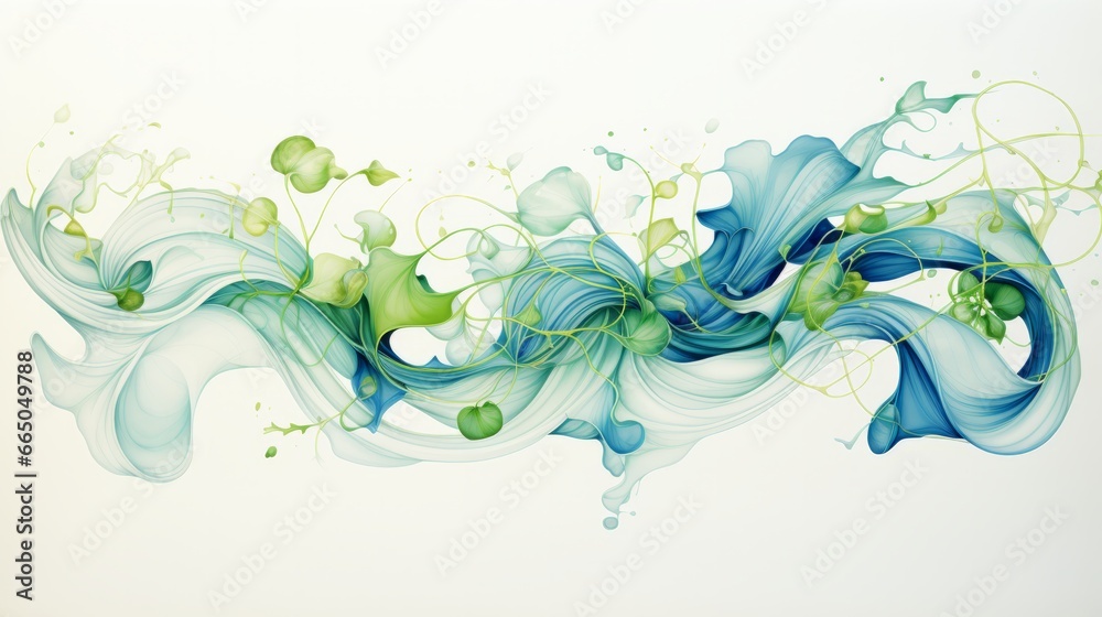 An abstract illustration featuring vibrant green and blue ink on a clean white canvas. Background created with Generative AI technology