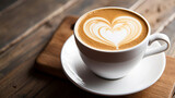 A close-up of a frothy milk latte art, featuring a delicate heart design atop the creamy coffee