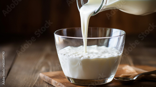 A pitcher of fresh milk being poured into a glass, capturing the mesmerizing swirl as it splashes gently