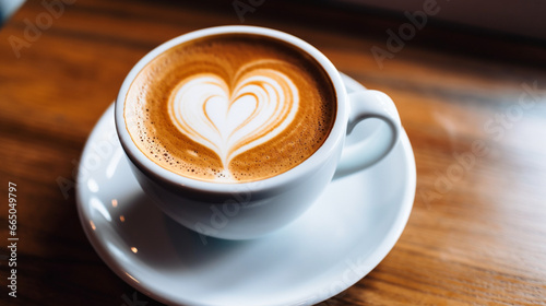 A close-up of a frothy milk latte art, featuring a delicate heart design atop the creamy coffee