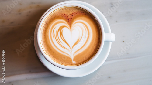 An overhead shot of a heart-shaped latte art pattern  delicately floating on a cup of steaming hot coffee