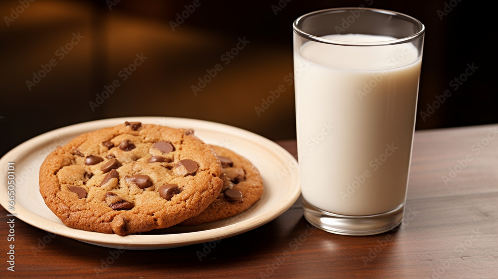 An artistically presented glass of milk paired with a chocolate chip cookie, capturing the essence of classic comfort food An artistically presented glass of milk paired with a chocolate chip cookie, capturing the essence of classic comfort food
