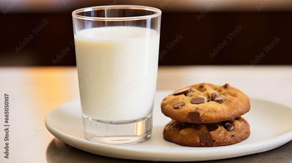 An artistically presented glass of milk paired with a chocolate chip cookie, capturing the essence of classic comfort food An artistically presented glass of milk paired with a chocolate chip cookie, capturing the essence of classic comfort food