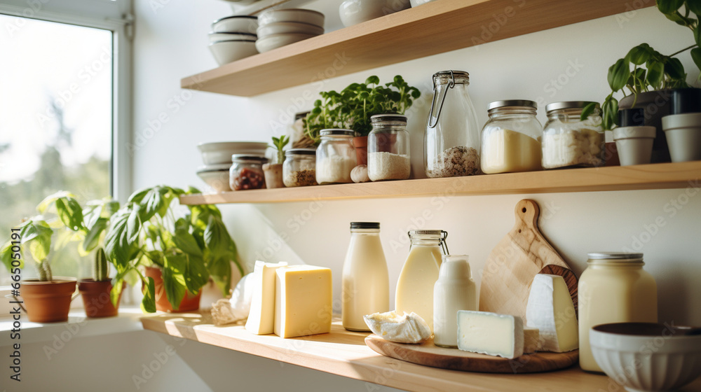 A modern kitchen's open shelving filled with various dairy products, such as milk, cheese, and yogurt, offering a glimpse of wholesome ingredients A modern kitchen's open shelving filled with various dairy products, such as milk, cheese, and yogurt, offering a glimpse of wholesome ingredients