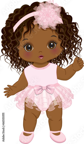 Vector Cute Little African American Baby Girl in Pink Ruffle Dress