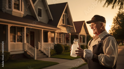 A nostalgic scene of a vintage milkman delivering glass bottles of milk to a charming suburban neighborhood at dawn