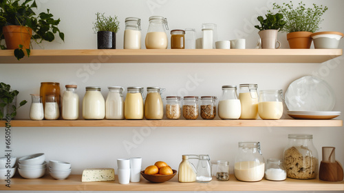 A modern kitchen's open shelving filled with various dairy products, such as milk, cheese, and yogurt, offering a glimpse of wholesome ingredients
