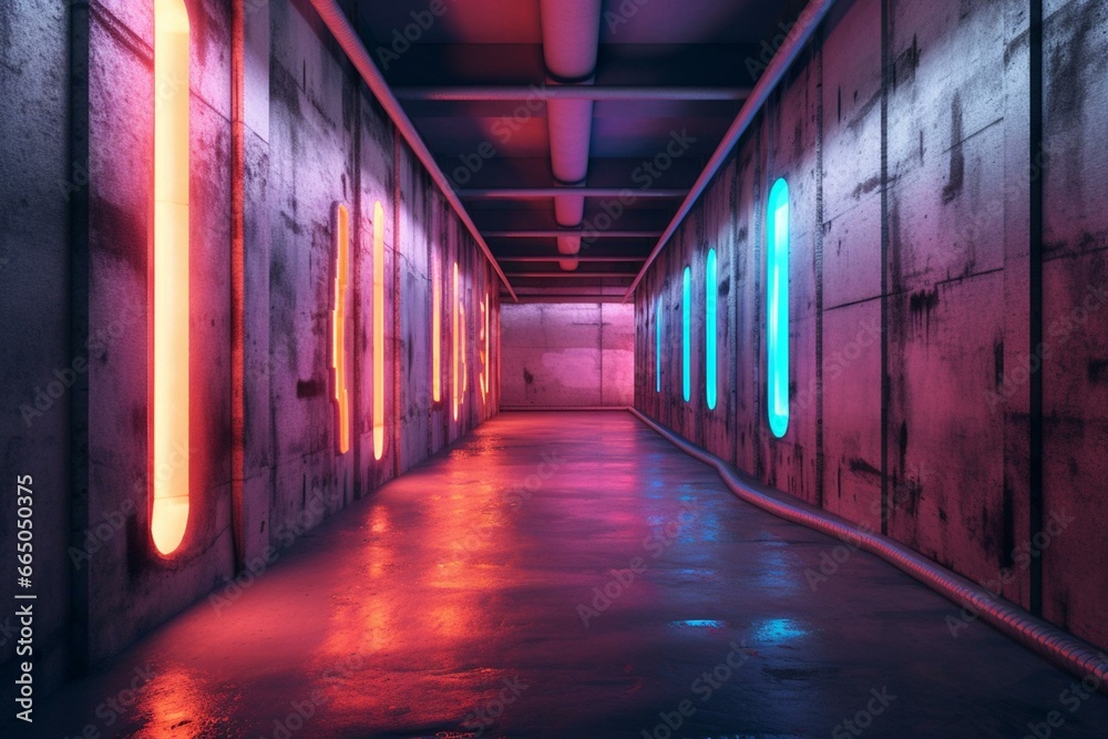 Underground corridor with neon lights, cement walls, and concrete background. Generative AI