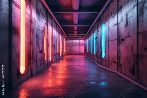 Underground corridor with neon lights, cement walls, and concrete background. Generative AI