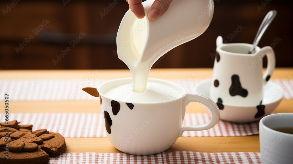 A whimsical scene of a whimsical cowshaped creamer pouring milk into a