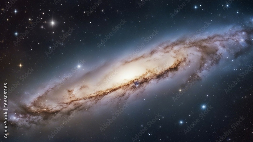  A cosmic view of the starfield and galaxy in outer space. The image shows the contrast between the spiral galaxy and the vastness of space