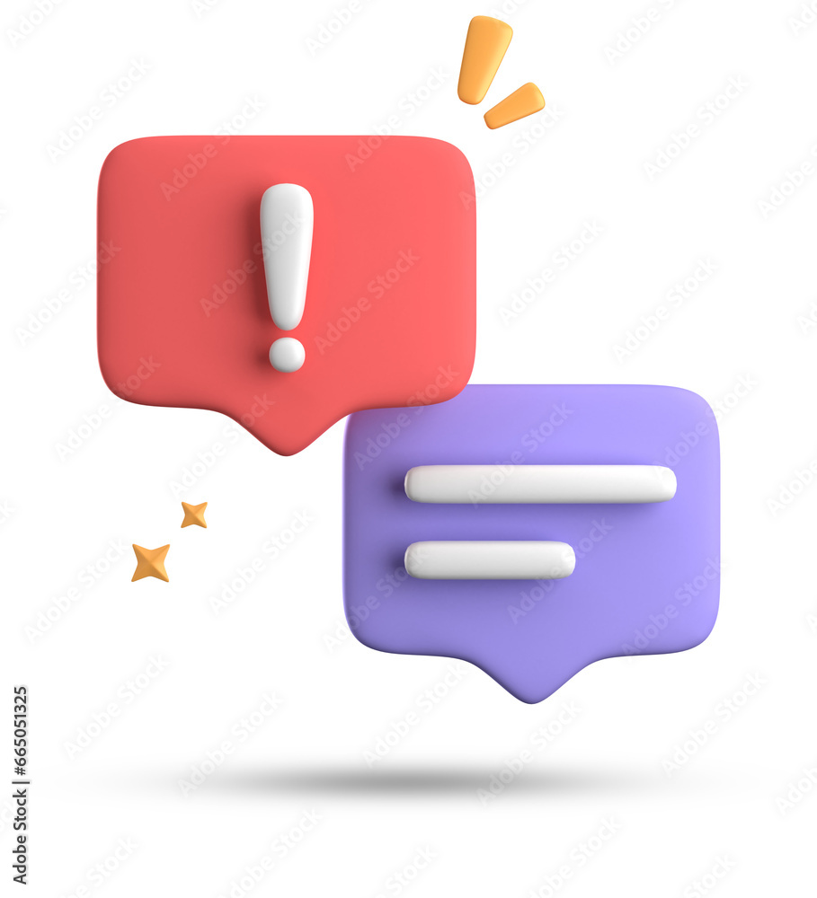 3d rendering of speech bubble, 3D pastel chat with exclamation mark icon set. 3d rendering of speech bubble, 3D pastel chat with exclamation mark icon set.