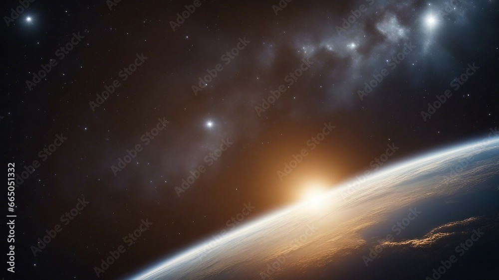 an Earth planet in space  A night sky with an Earth and the stars in space.  