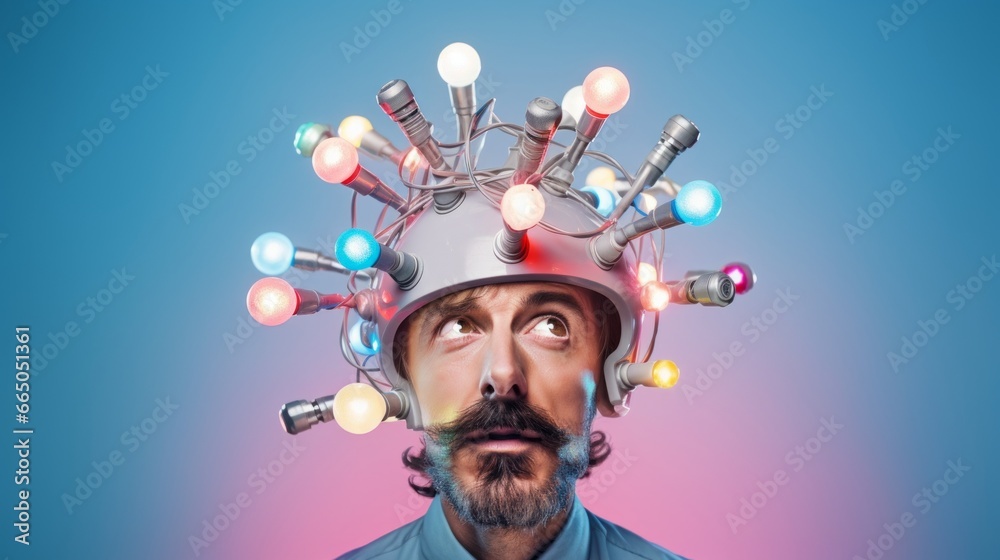 Man wearing a weird silver helmet with colorful light bulbs and wires. Minimal fun concept of eccentric nerd scientist, discovery, aha moment of brilliant researcher, engineer, tech enthusiast. Copy  - obrazy, fototapety, plakaty 