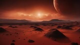 sunrise over the alien desert A red planet with a clayey surface. The planet has a high temperature and a stormy sky