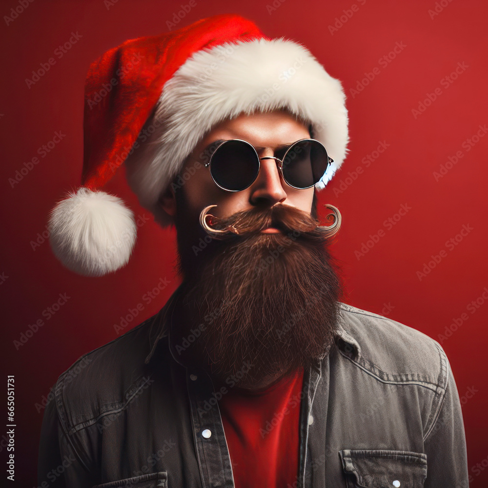 hipster Santa Claus beard, mustache and xmas hat on red background. ai generative