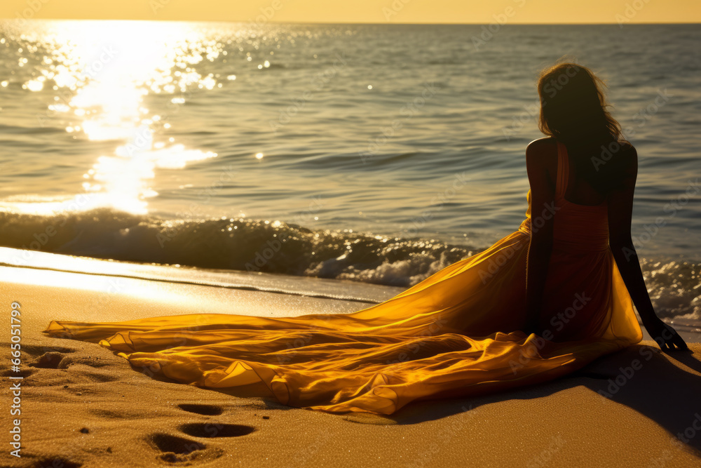Mujer joven sentada en la orilla de la playa con un vestido de seda fina durante el atardecer.