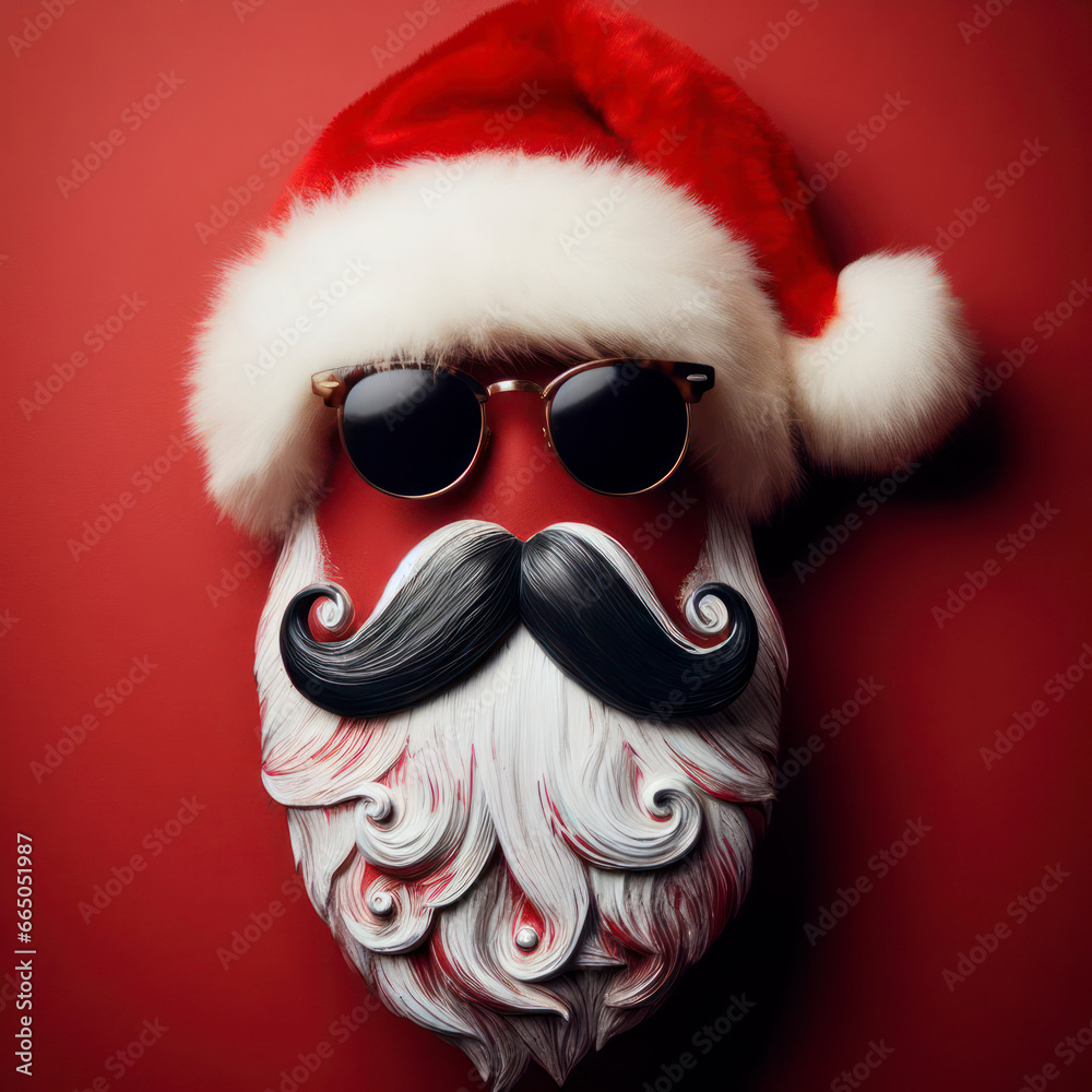hipster Santa Claus beard, mustache and xmas hat on red background, sticker style. ai generative