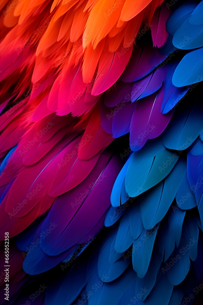 Obraz premium feathers , Chromatic photography, vivid hues, saturated colors, striking composition, harmonious balance, lively atmosphere, direct sunlight