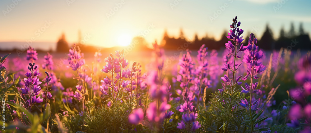 Beautiful panoramic landscape of natural wild purple wildflowers in meadow on a warm spring summer evening on Sunset. Shallow depth of field.