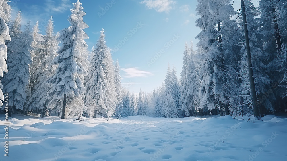 Beautiful winter landscape with fir trees in a snowy forest.