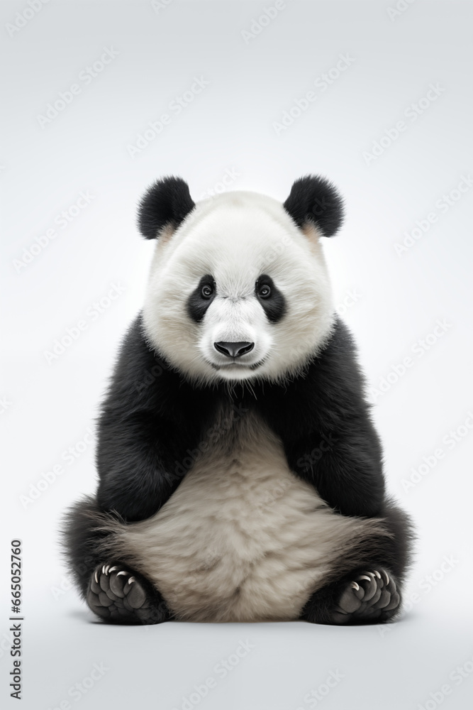 Panda sitting on ground on white background, front view Panda sitting on ground on white background, front view