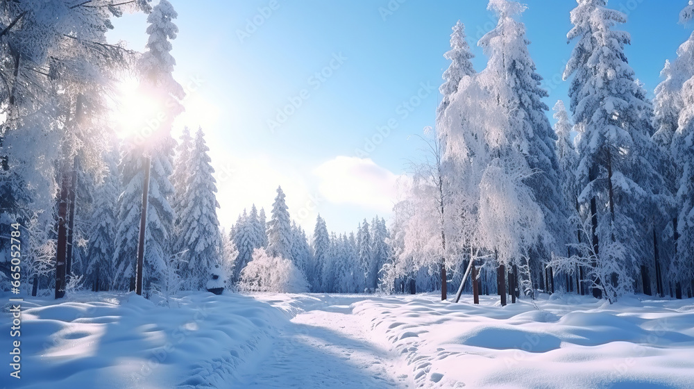 Beautiful winter landscape with fir trees in a snowy forest. - obrazy, fototapety, plakaty 