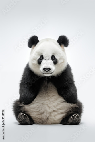 Panda sitting on ground on white background, front view