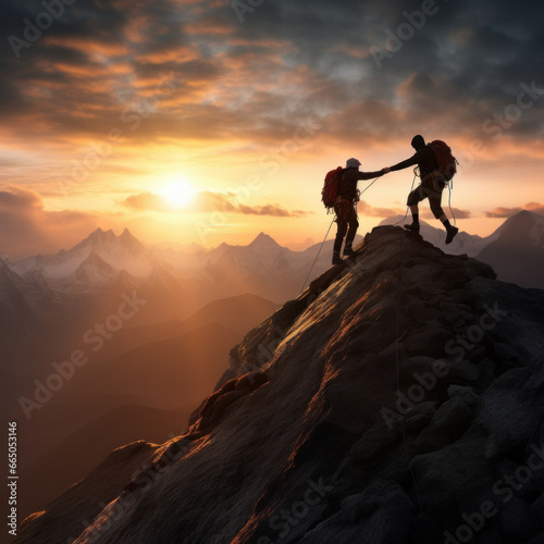Hiker helping friend reach the mountain top, Generative Ai © tope007