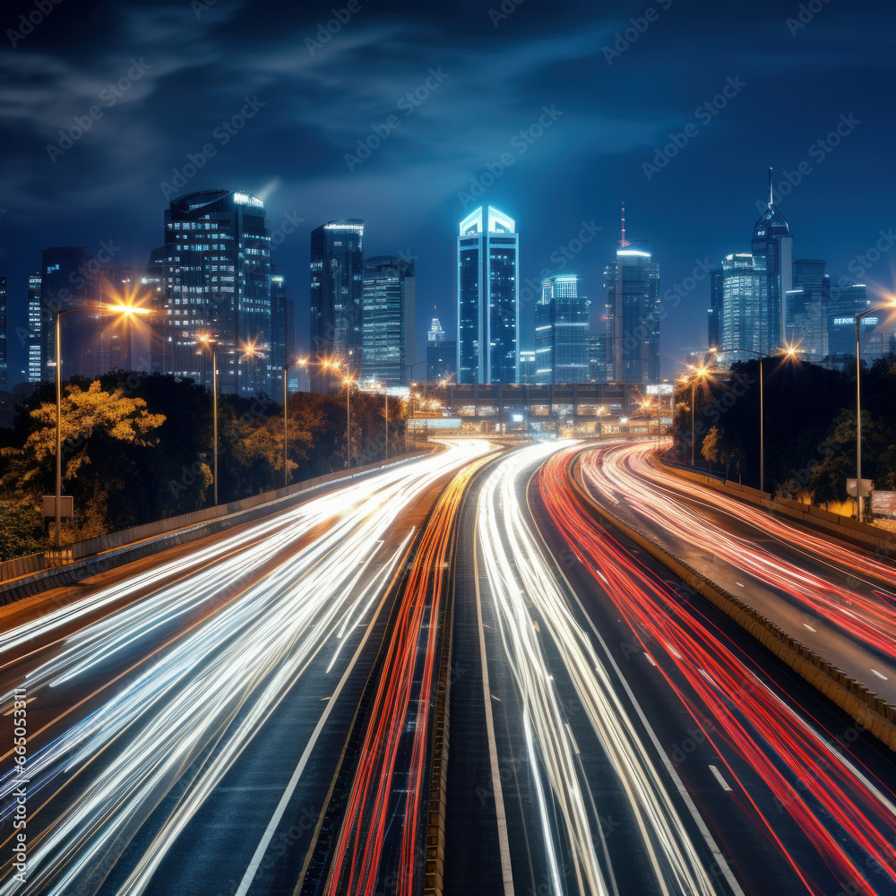 A city's evening rush hour captured in a long exposure photograph, showcasing the busy urban highway with streaks of light from headlights and taillights.ai generative