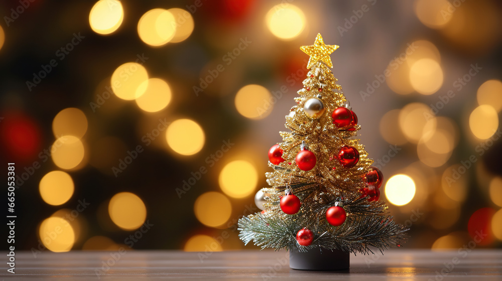 Miniature Christmas tree with beautiful bokeh of Christmas lights.