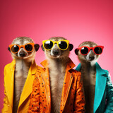 Stylish animal rock band, fashionable portrait of anthropomorphic superstar meerkats with sunglasses and vibrant suits, group photo, glam rock style. Generative AI.