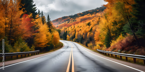 The image displays a picturesque country road during the fall or autumn season. The scene is dramatic and moody, with dark clouds covering the sky and casting a shadow over the landscape. The road ...