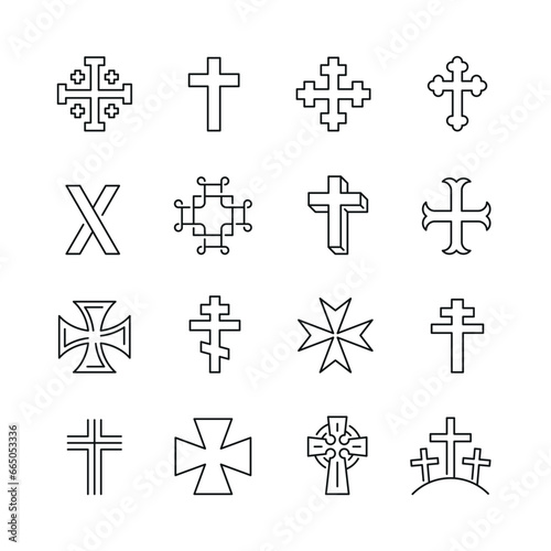 Vector line set of icons related with christian cross. Simple outline sign. photo
