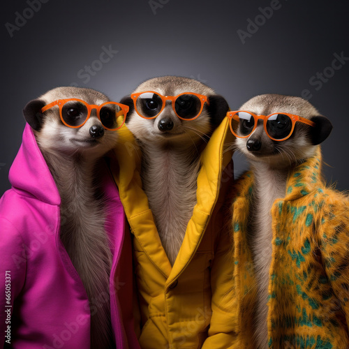 Stylish animal rock band, fashionable portrait of anthropomorphic superstar meerkats with sunglasses and vibrant suits, group photo, glam rock style. Generative AI.