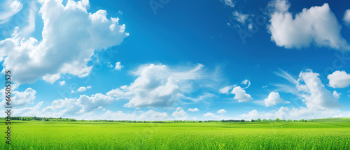 Panoramic natural landscape with green grass field meadow and blue sky with clouds  bright sun and horizon line. Panorama summer spring grassland in sunny day.