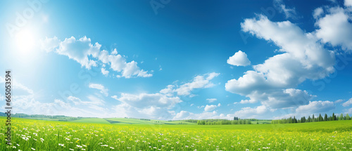 Panoramic natural landscape with green grass field meadow and blue sky with clouds, bright sun and horizon line. Panorama summer spring grassland in sunny day. © Santy Hong