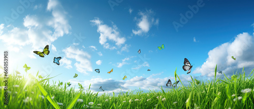 Young green juicy grass and fluttering butterflies in nature against blue spring sky with white clouds. Spring nature panorama.