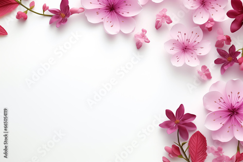 Composition banner springtime with flowers on light white background with copy space