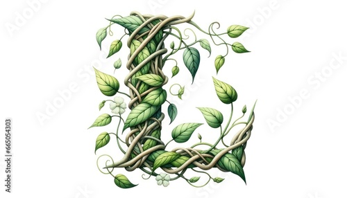 Watercolor painting of the letter 'L' composed of intertwining vines and leaves, evoking a sense of nature and growth