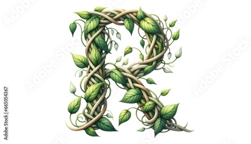Watercolor painting of the letter 'R' composed of intertwining vines and leaves, evoking a sense of nature and growth © Cad3D.Expert