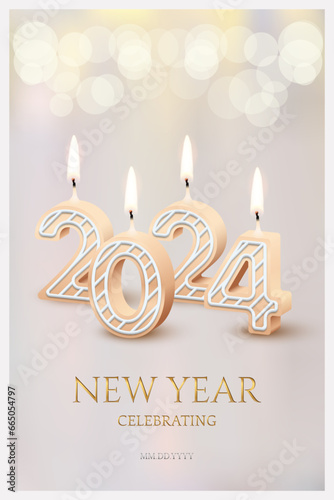2024 New Year and Merry Christmas holiday party celebrating, 2024 candle numbers with fire. Candlelight beige decor with bokeh and blur for romantic celebration. Greeting card vector illustration