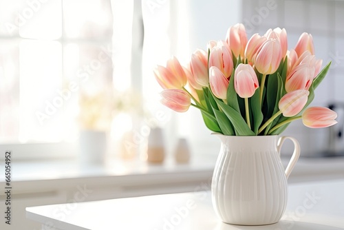 A bouquet of tulips on a white table. © MdBillal