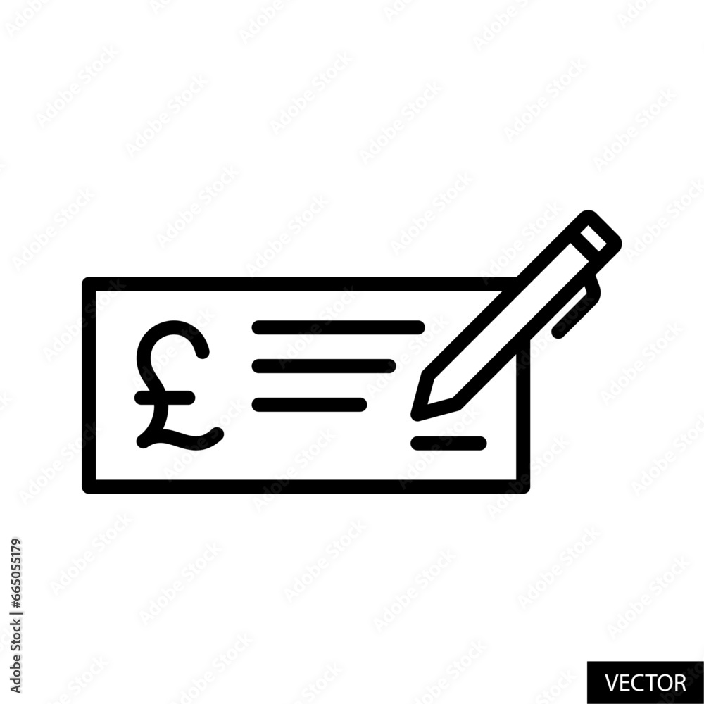 Money check with pound sign, cheque instrument with pound sterling currency symbol icon in line style design for website, app, UI, isolated on white background. Editable stroke. Vector illustration. Money check with pound sign, cheque instrument with pound sterling currency symbol icon in line style design for website, app, UI, isolated on white background. Editable stroke. Vector illustration.