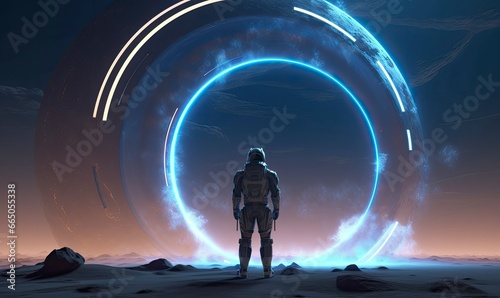 Astronaut in front of dimensional portal.